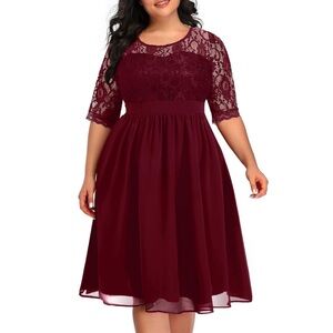 NWT, 24W Pinup Fashion Plus Size Lace Chiffon Midi Dress. Burgundy